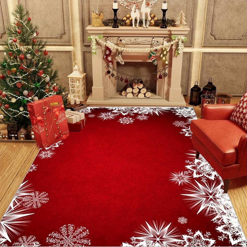 Red Christmas Floor Rug White Snowflake Border Design Mat For Bedroom Kitchen Decor