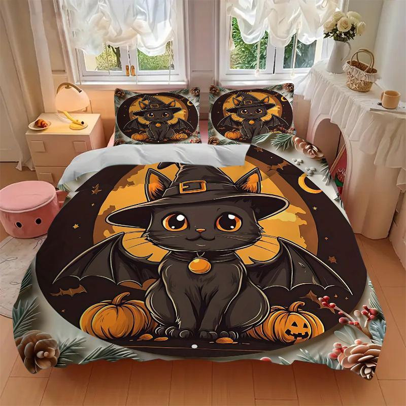 Zestaw pościeli z nadrukiem 3 szt. Straszny Czarny Kot w Kapeluszu Czarownicy ze Skrzydłami Nietoperza, Miękka i Wygodna Poszewka na Kołdrę do Sypialni, Pokoju Gościnnego (1 poszewka na kołdrę