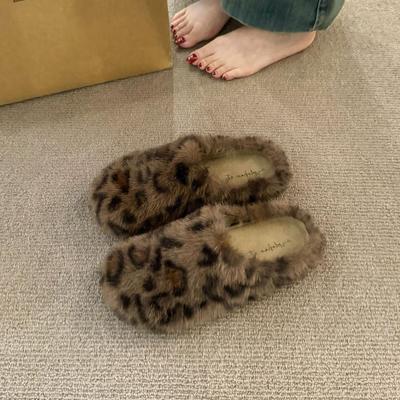 Internet Celebrity Explosion Leopard Print Fluffy Slippers Women Wear 2024 New Autumn and Winter Flat Bottom Versatile Bag Head Half Slippers