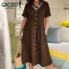 QICED Women Summer Casual Cotton V-Neck Short Sleeve Button Dress