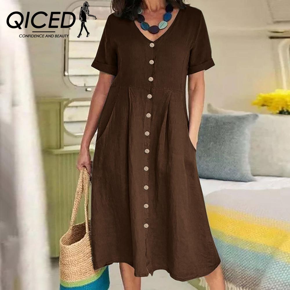 QICED Women Summer Casual Cotton V-Neck Short Sleeve Button Dress