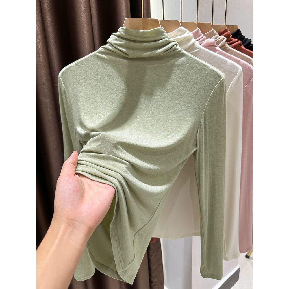 Women's Modal Apricot Slim Fit High Neck Base Layer Shirt for Spring/Autumn