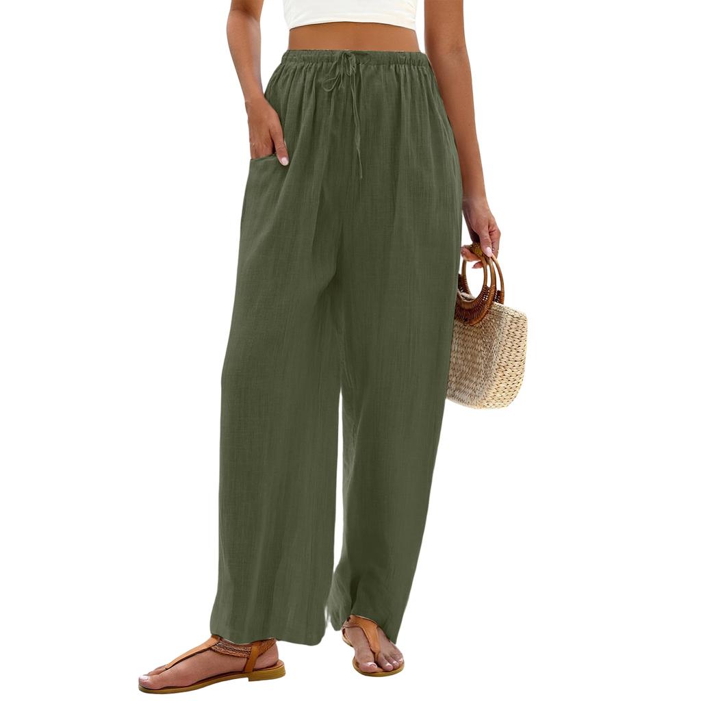 Damen Leinen Lockere Freizeit Hose mit Kordelzug Weite Beine