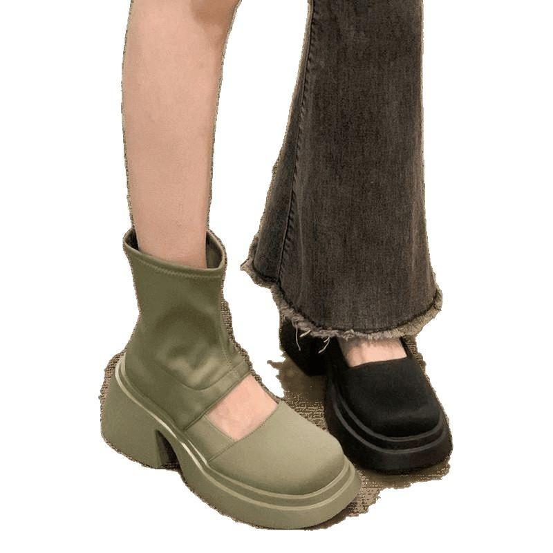 Celebrytka internetowa cienkie elastyczne skórzane cienkie krótkie botki okrągły nosek wodoodporne wiosna i lato nowe ażurowe gruba podeszwa