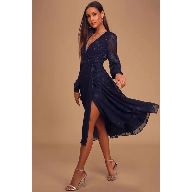 

Export Single Lu s Spring Long Sleeves New Arrival Jacquard Lantern Sleeve One Piece Strap Lady Temperamental Fashion Dress Tibetan Blue XS