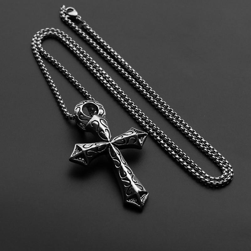Street Trendy Men's Necklace Vintage Figure Cross Pendant Hiphop Rock Copper Color Stainless Steel Chain Fashion Women Jewelry