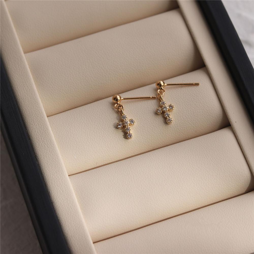 925 Sterling Silver Cross Earrings For Women 14k Gold Plating Zircon Exorcism Small Exquisite Wedding Jewelry Friendship Gift