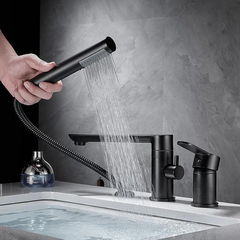 Brushed Gold Bathroom Widespread Basin Faucets Soild Brass Sink Mixer Hot & Cold Lavatory Crane Vessel 3 Holes With Spray Black