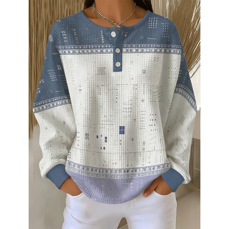 Printe Design – Not Texture Women's Waffle Long Sleeve Top, Henley Collar Half-Button Casual T-Shirt