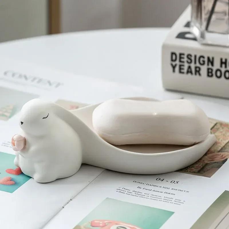 Big Ear Cute Rabbit Ceramic Soap Box Bathroom Drainage Soap Dish Storage Wash Desk Ornaments Decor Home Decoration Accessories