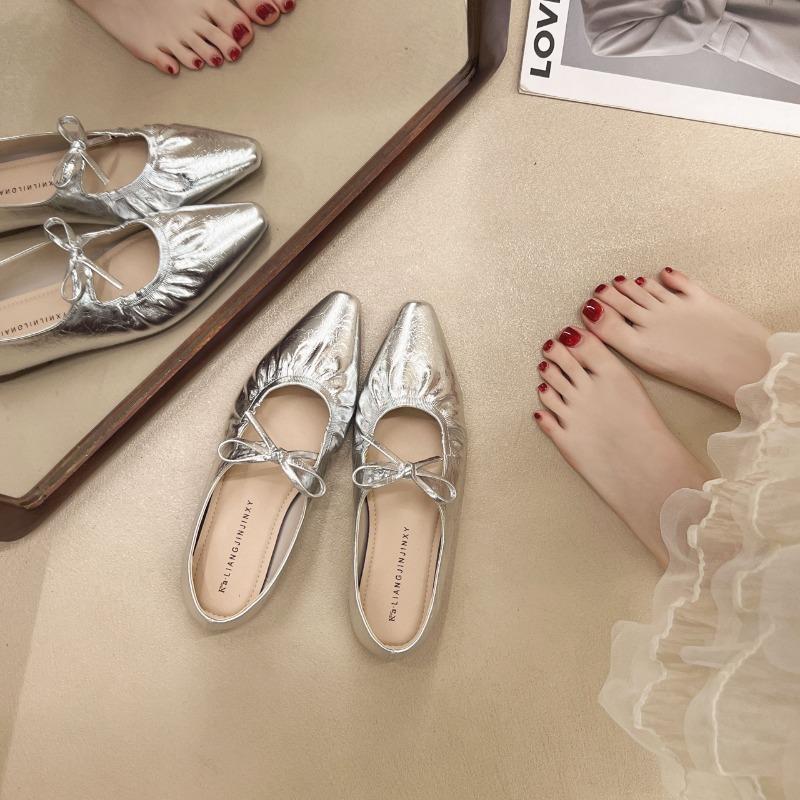 Fashion Cold and loose! Silver Square Toe Lace-Up Half Slippers Women's Spring Wear Low Heel Flats