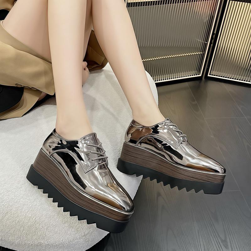 Japanese Platform Wedge Heel Shoes - 2025 Spring/Autumn Lace-Up Waterproof Leather for Women, British Style.