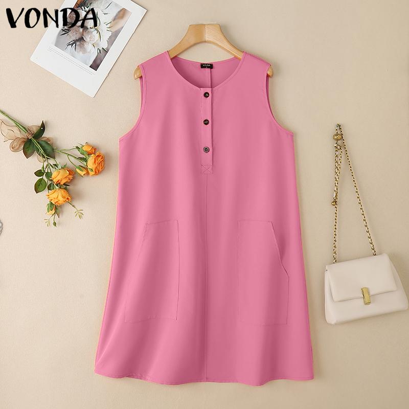 

VONDA Summer Women Sleeveless Solid Color Casual Pockets Dress 5XL розовый