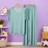 Couple's Ice Silk Pajamas Set: Men's Thin Sleep Pants & Women's Ribbed Short Sleeve Top for Spring/Summer.