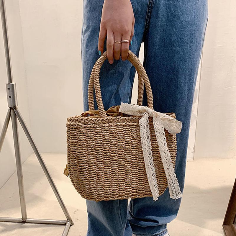 Summer New Lace Straw Handbag Female Large Capcacity Rattan Beach Bag Travel Bag Handmade Bucket Bag Tote MIT