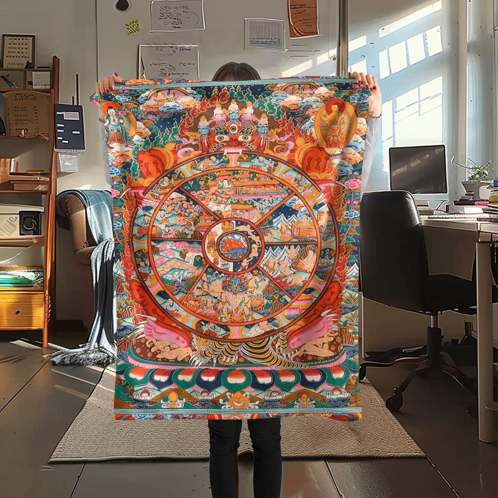 1Pc Buddhism Wheel Print Flannel Blanket, High quality Comfortable for All Seasons, Home Decor, Warmth and Comfort, Perfect for Christmas Gifts
