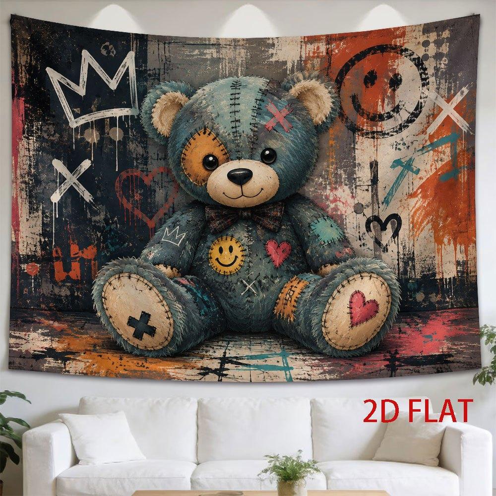 2D Flat - 2D Flat - 1pc 2D Flat Tapestry Vintage Patchwork Teddy Bear Wall Hanging, Graffiti Art Background Decor for Home Or Cafe