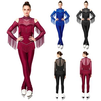 Women Figure Skating Jumpsuit Glitter Rhinestone Cold Shoulder Long Sleeve Tiered Tassel Leggings Bodysuit