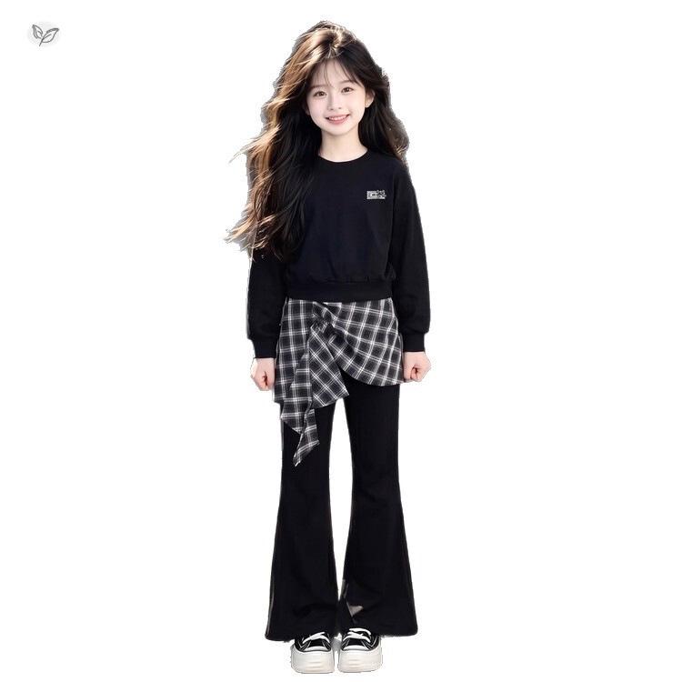 Girls' Korean Style Plaid Hoodie & Flare Pants Set - Autumn Two-Piece Outfit 2026