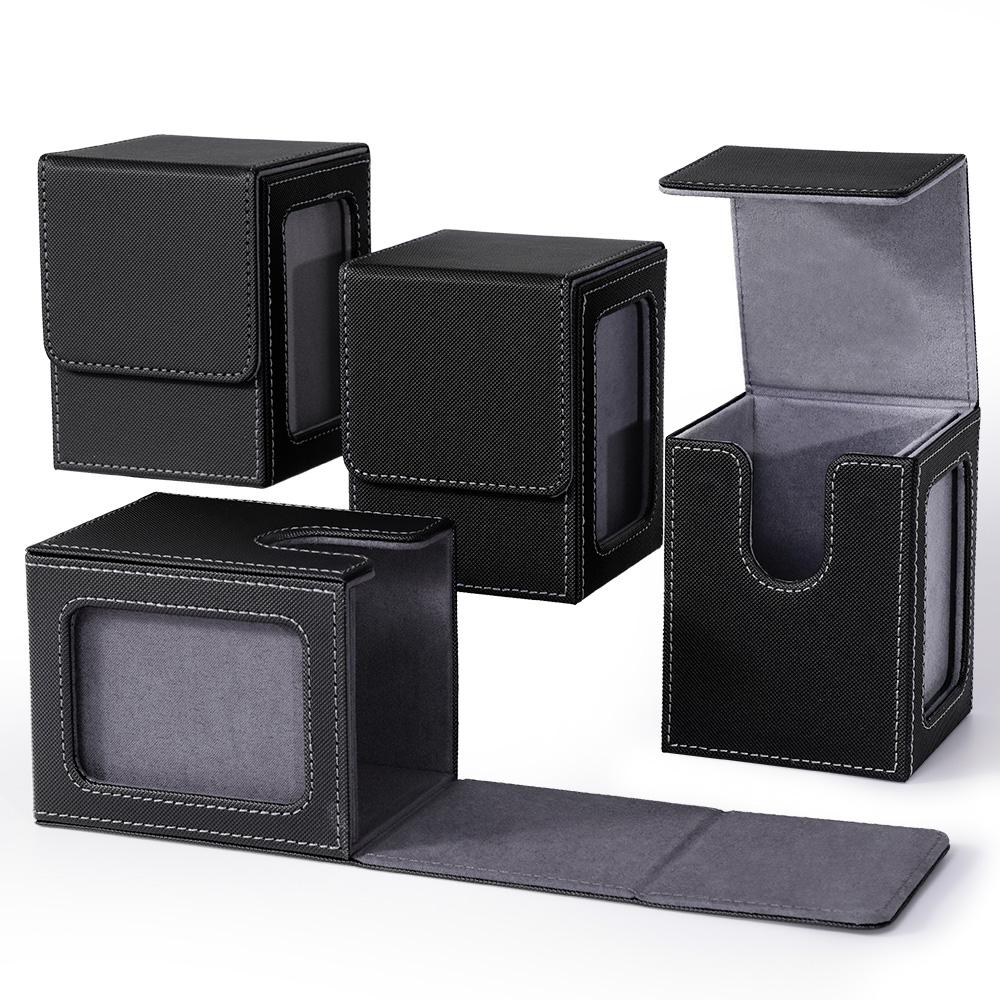 4 Pack Card Deck Box with Display Window, Hold 120 + Single Sleeved cards,Magnetic Closure PU Leather Card Box for TCG Cards