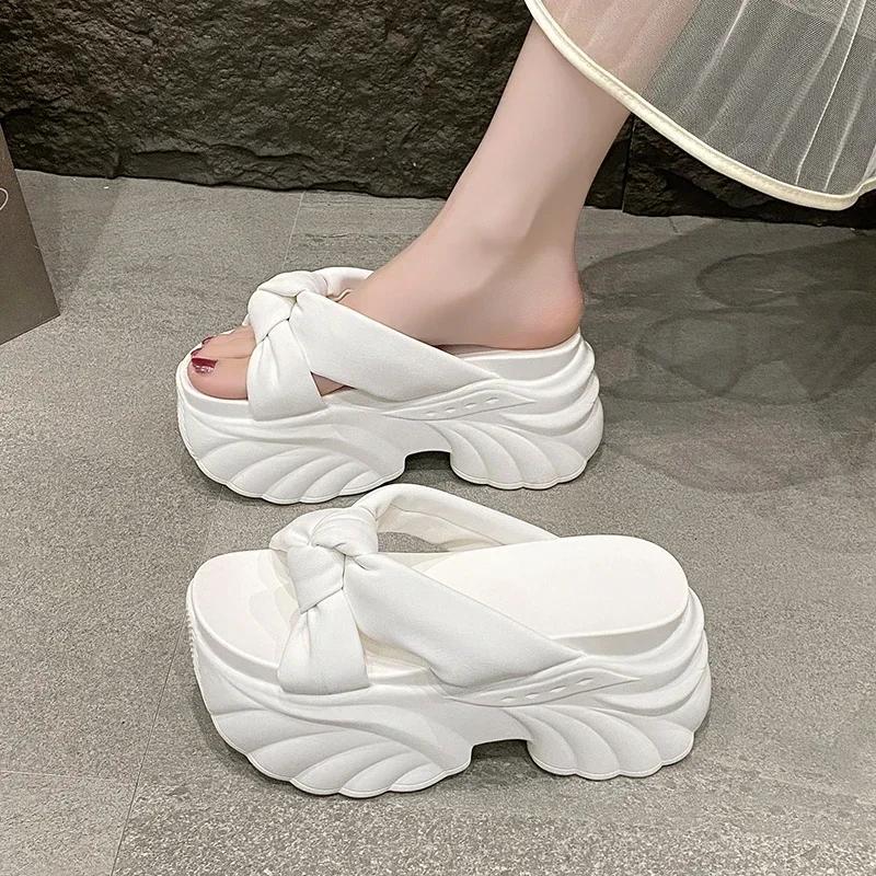Fashion 9CM Design Platform Slippers 2025 Women Summer Wear Fashion New Style Increase Sandals Casual Muffin Flip-flops Beach Shoes