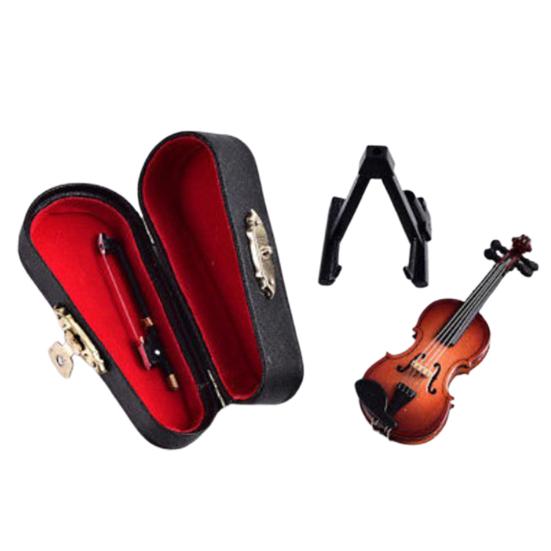 Miniature Violin Figurine Realistic Wooden Mini Violin Ornament Musical Instrument Model Doll Mansion Accessory for Home Decor Violin Lovers Gift
