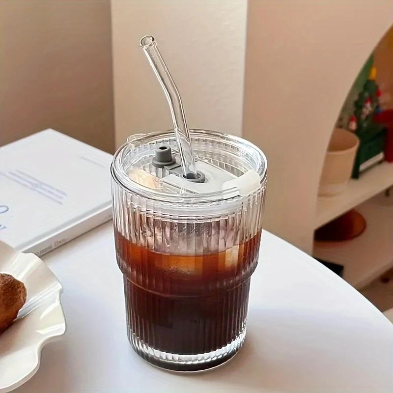 1/2PCS Stripe Glass Cup Vertical Stripes Water Cup S with Lid and Straw Iced Coffee Cups Drinking Glasses for Juice, Milk, Tea