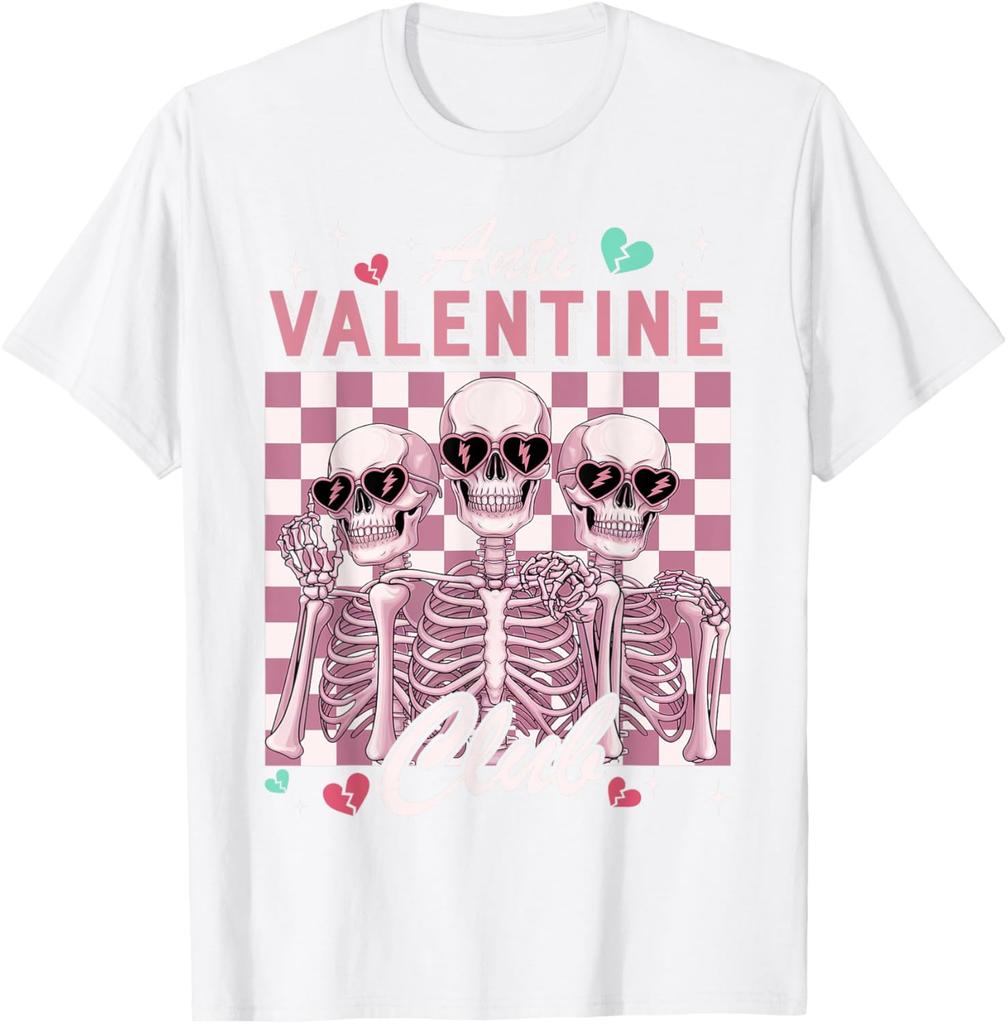 Anti-Valentinstag-Club-Skelett-Grafik-T-Shirt, lustiges Single-Day-Freizeit-Rundhals-T-Shirt für Männer und Frauen