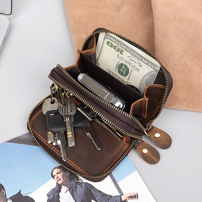 Double Zipper Crazy Horse Leather Retro Card Case First Layer Cowhide Coin Purse Car Key Keychain Holder with Hand Strap
