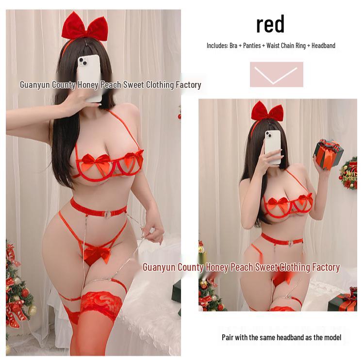 Christmas Holiday Lingerie Set: Underwire Bow Bikini & Garter