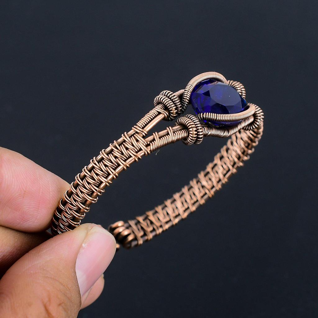 Blauer Saphir Armband, Handgefertigtes Edelsteinarmband, 999 Kupferdraht umwickelter Antikschmuck, Für Verlobungsgeschenk