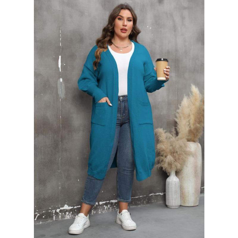 Damen Übergröße Locker Mittellang Laternenärmel V-Ausschnitt Doppeltasche Strick Cardigan Pullover