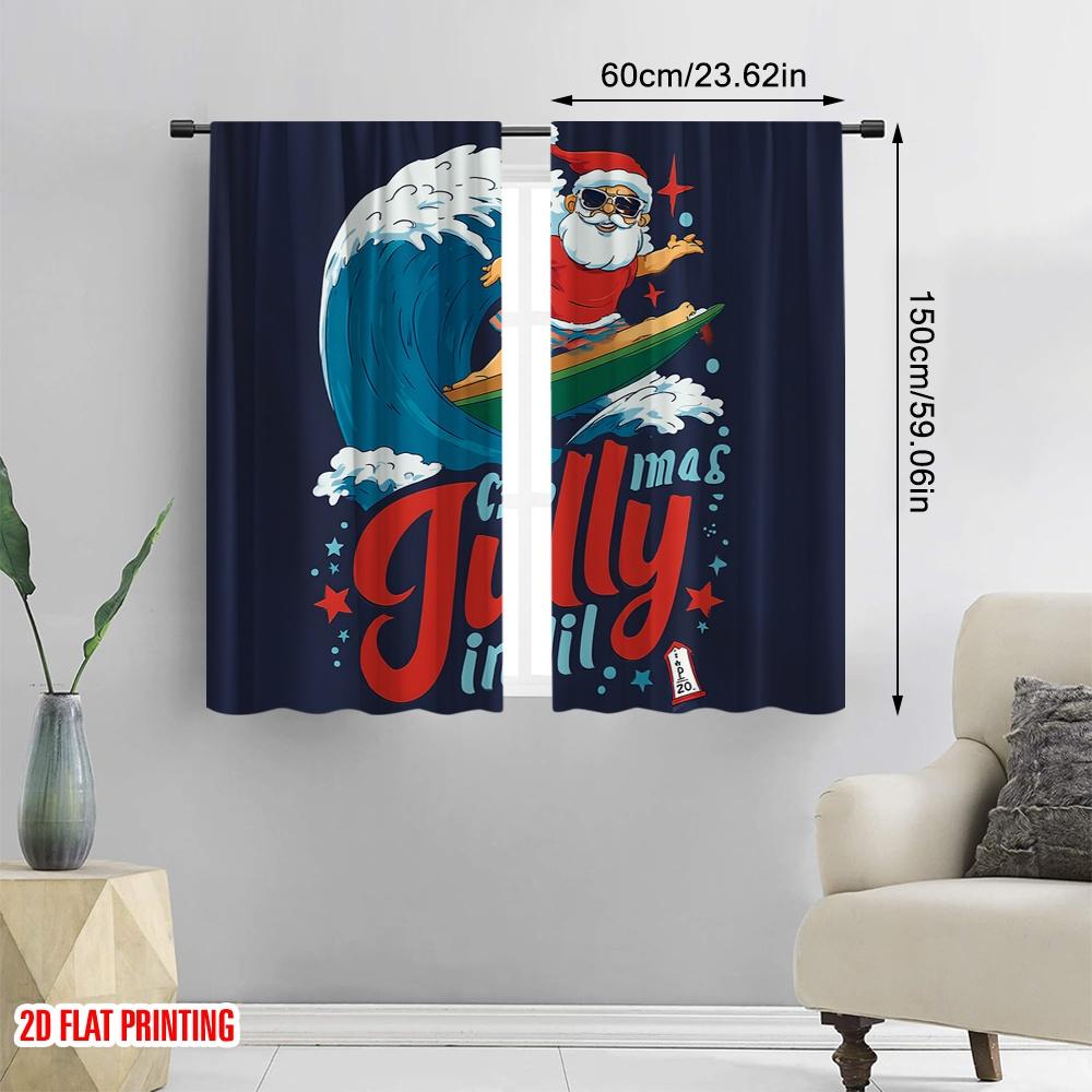 2pcs,2D Plane Printing Curtains&Window Treatment Surfing Santa & Reindeer Versatile Polyester Fabric (without Rod) Decorations