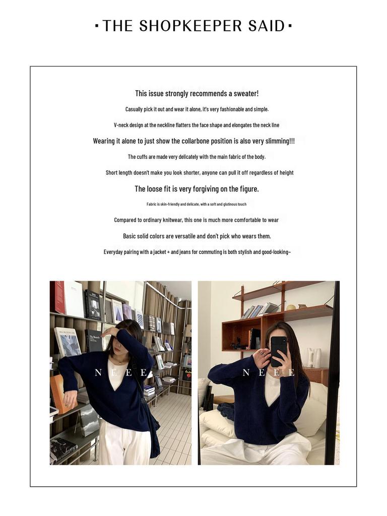 Women's Navy Blue Two-Piece Style Knit Sweater: Autumn/Winter, Loose Fit, Long-Sleeved, Korean-Inspired.