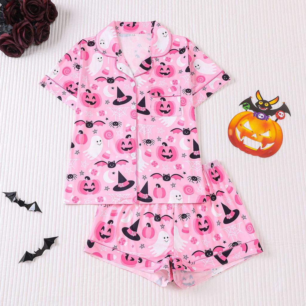 Ladies Pajamas Halloween Printed Lapel Short Sleeve Shorts Loungewear Set