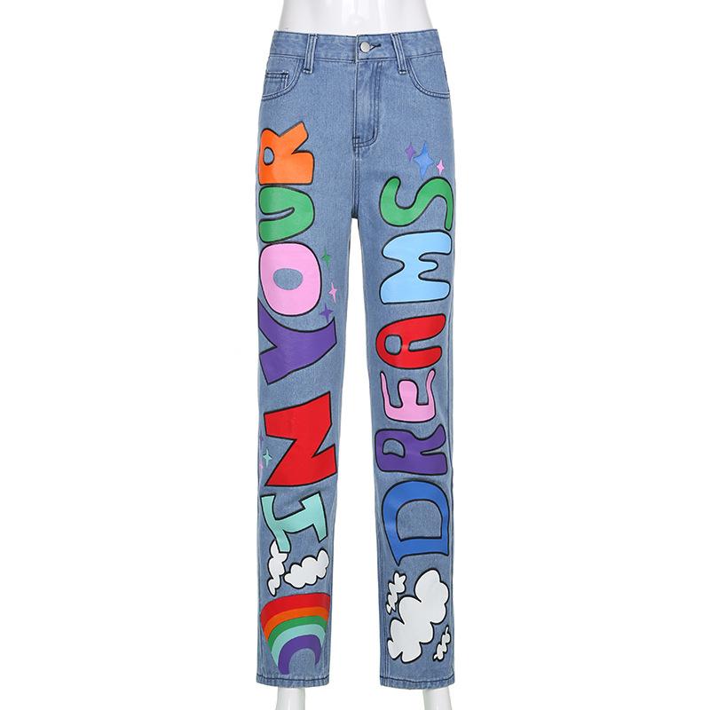 Trendy High-Waisted Loose Fit Printed Graffiti Women's Straight-Leg Jeans, Rainbow Denim Pants Loose Graffiti Printed