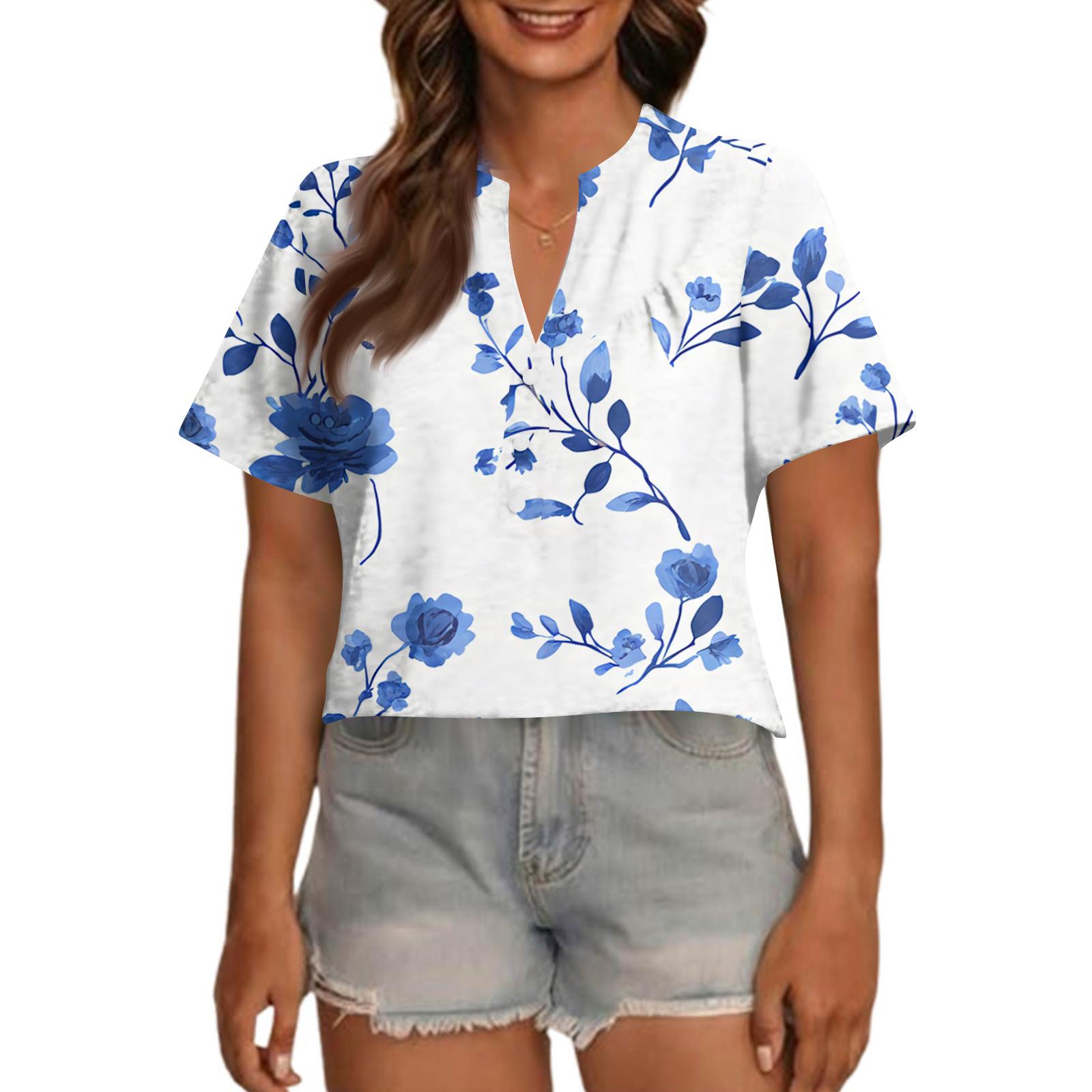

Women s Fashionable Casual V Neck Button Up Oversized Short Sleeve Printed Top XXXXL