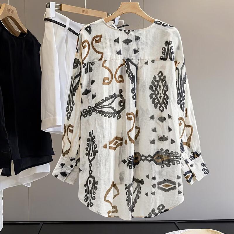 Women's Retro Ramie Floral V-Neck Blouse