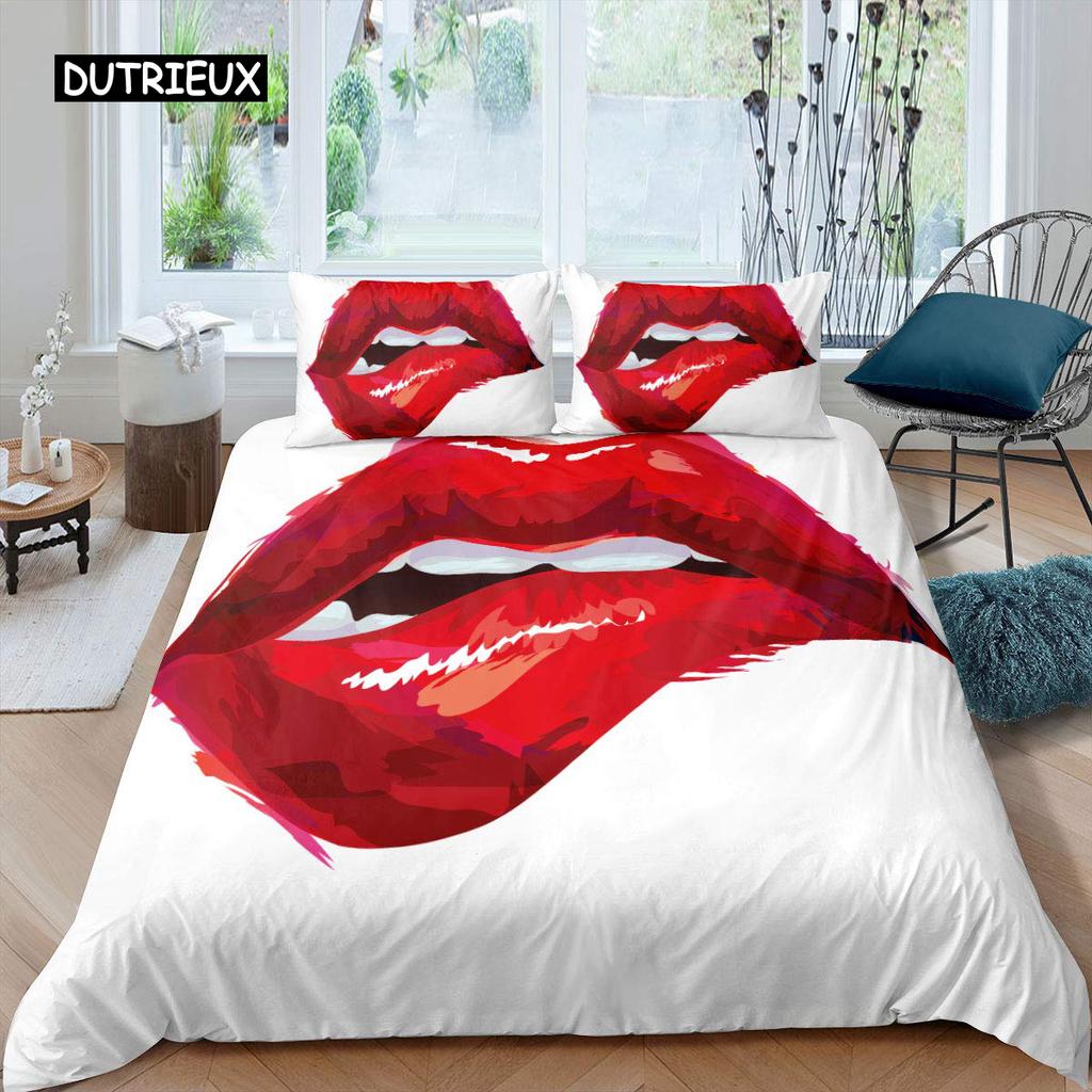 Lip Duvet Cover Pink and Gray Lips Kissing Pattern Comforter Cover Sexy Theme King Size Twin Bedding Set for Women Girls Lovers