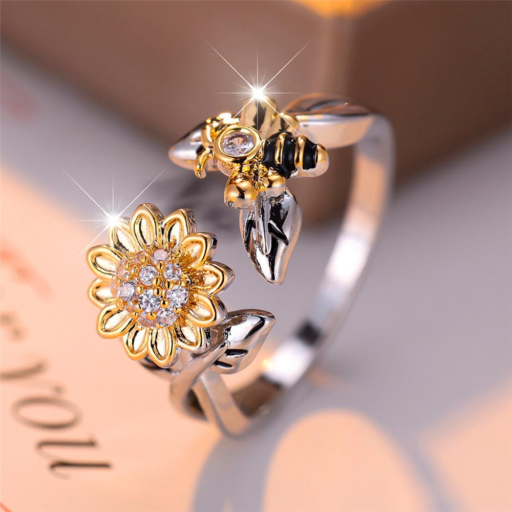 Charm Female White Crytal Adjustable Sunflower Bee Open Ring Silver Gold Color Cute Gift Wedding Jewelry For Women