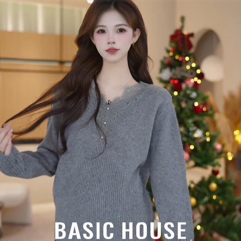 Basic House Women s Elegant Lace-Trim V-neck Sweater M (80-110 lbs)