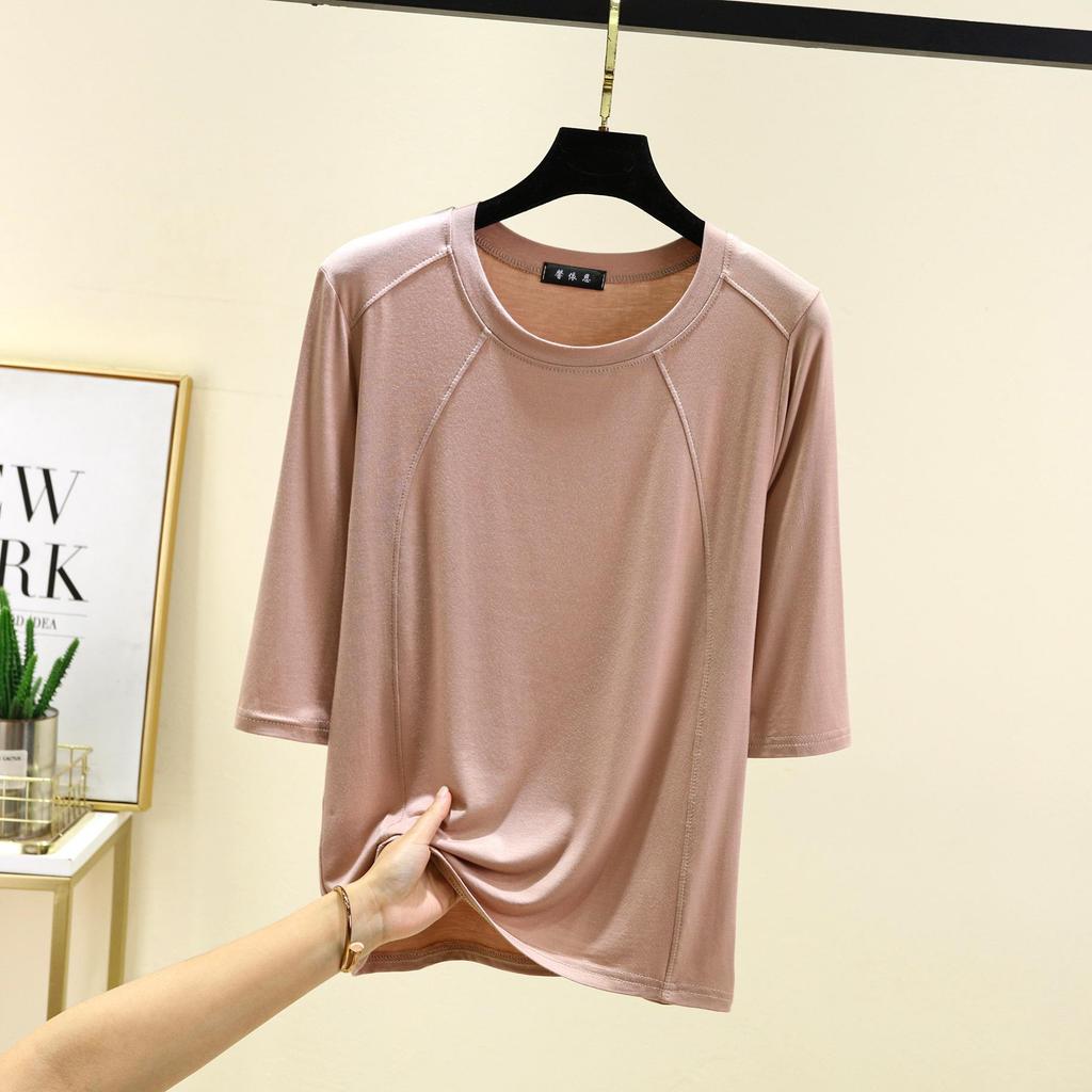 Modal Spliced O-neck T-shirt Half Sleeves Solid Color Women Base Layer Top Slimming Undershirts Basic Tee Tops All Match