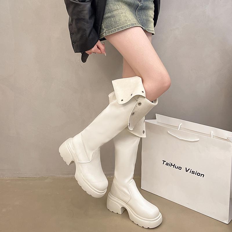 

Модные женские роскошные ботфорты выше колена на платформе и высоком каблуке, панк кожаные модные ботинки, зимний тренд, туфли-лодочки, ботинки 40 бежевый