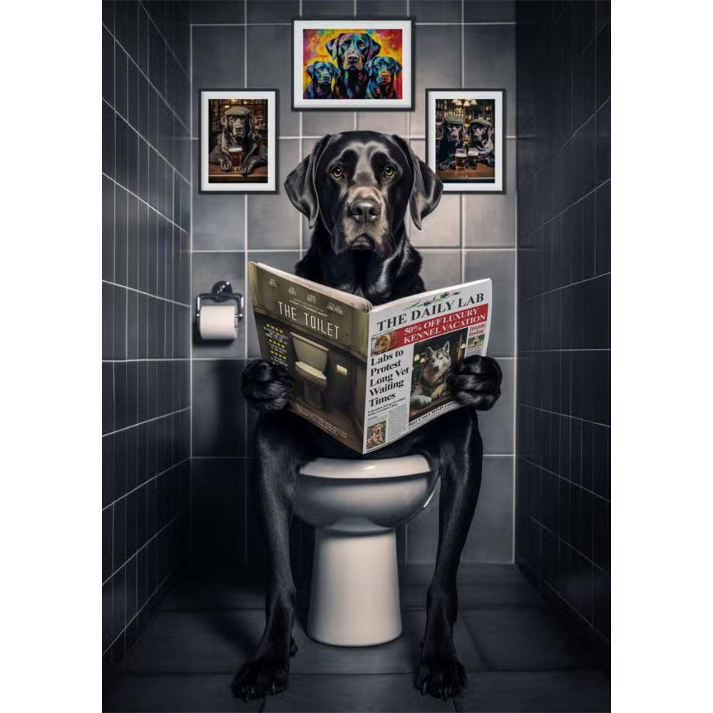 Hund sitzt auf der Toilette und liest Zeitung 5D DIY Diamantmalerei Kreuzstich Vollbohrer Runde Stickerei Heimdekoration Geschenke