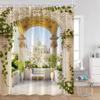 European Style Arch Architecture Shower Curtains Green Vine Peacock Elegant Bathroom Decor Roman Column Vintage Art Bath Curtain