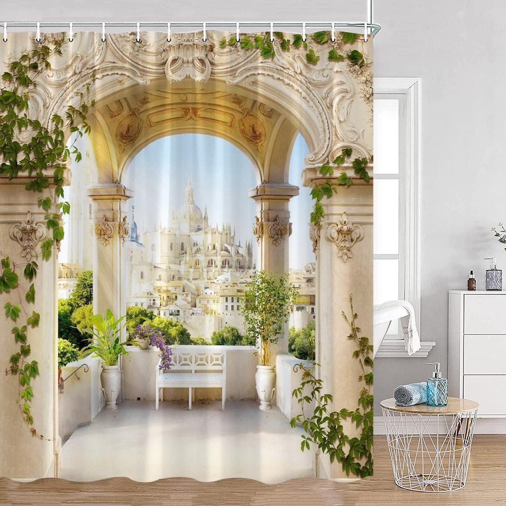 European Style Arch Architecture Shower Curtains Green Vine Peacock Elegant Bathroom Decor Roman Column Vintage Art Bath Curtain