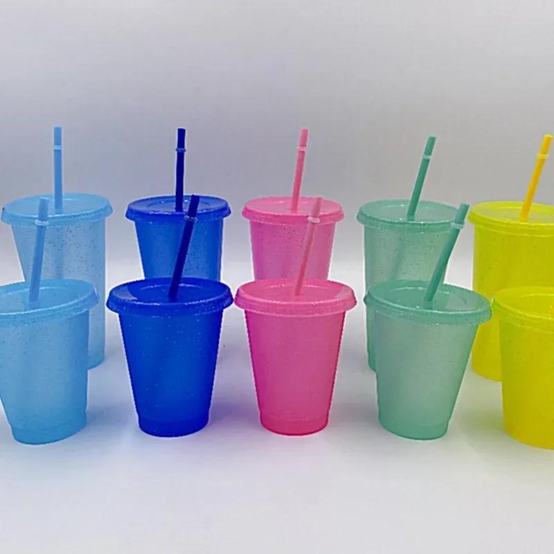 Strohhalmbecher Getränke Farbwechselnde Strohhalmbecher mit Deckel Kunststoffbecher Matt Kaffeeflaschenbecher Lebensmittelqualität PP-Kunststoff mit Strohhalm