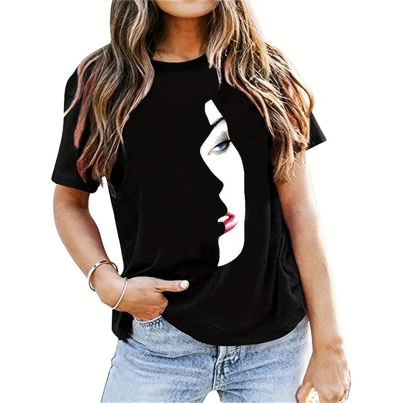 European Size Womens Graphic Print T Shirt Casual Crew Neck Top Portrait Applique Polyester Spandex Blend Knit Fabric Regular Length Spring