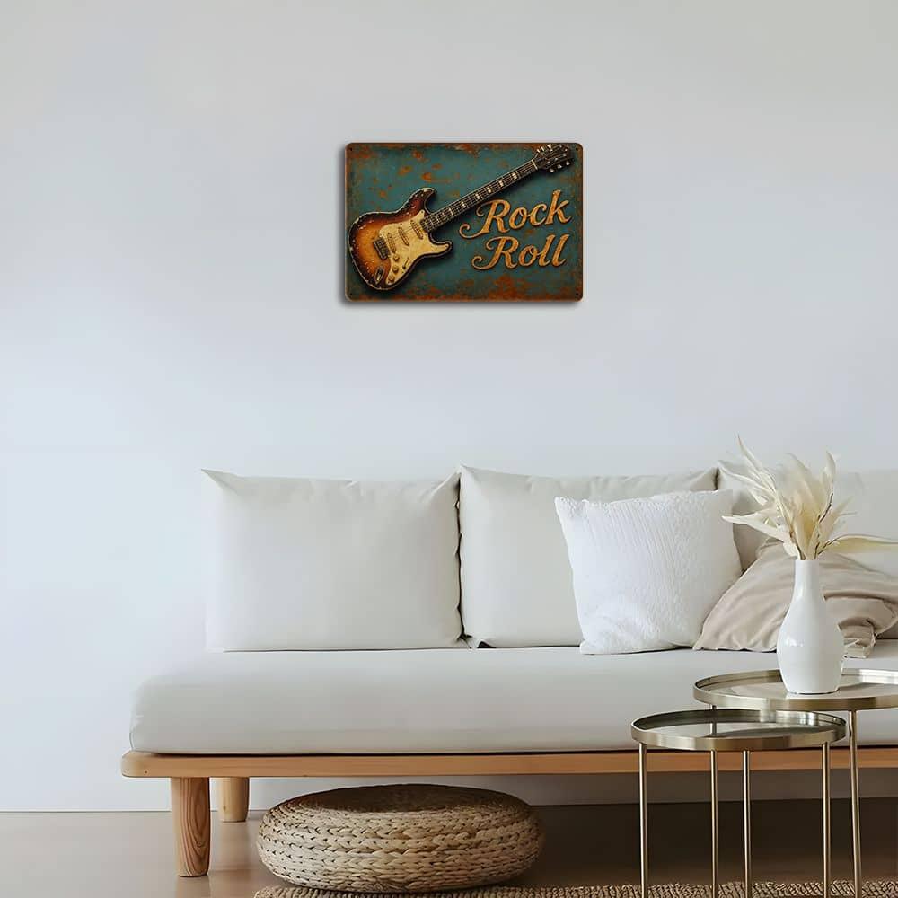 Vintage Rock 'n' Roll Sign - Distressed Guitar Wall Art for Music Spaces & Cafes