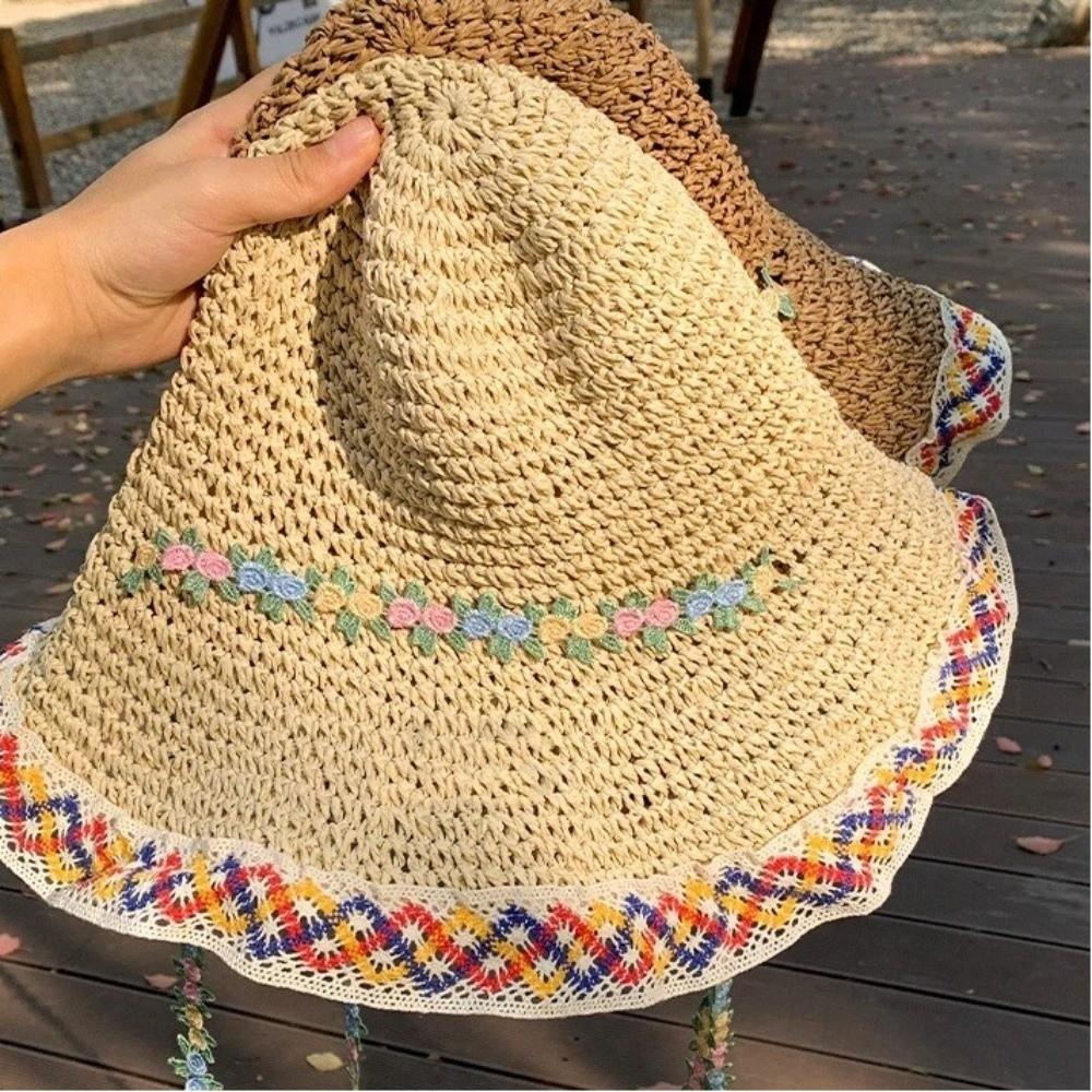 Ethnic Style Straw Hat Large Brim Sun Protection Hat Fashionable Fisherman's Hat  Vacation